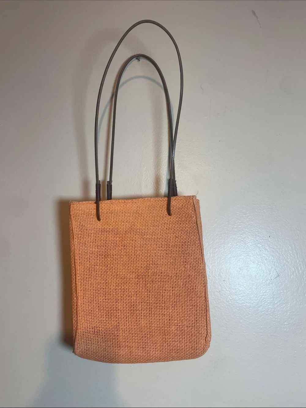 Handwoven Peach Tote with Dark Brown Handles